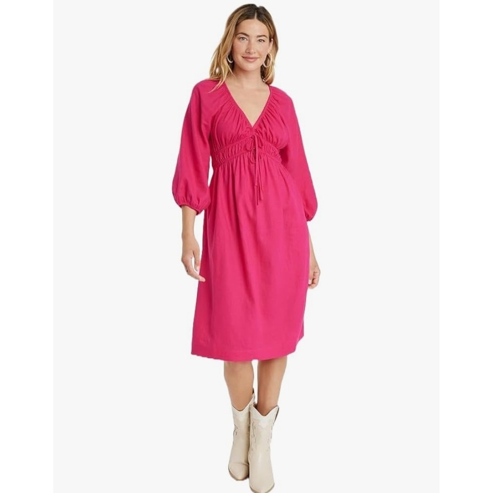 Universal Thread Womens Pink Midi Dress Milkmaid Babydoll Linen Blend Size Large